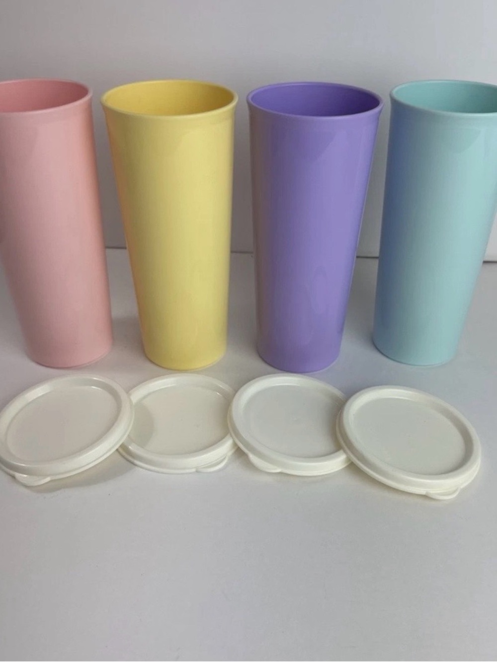 Tupperware Pastel Tumbler Set Pink, Yellow, Purple & Blue with White seals 16oz